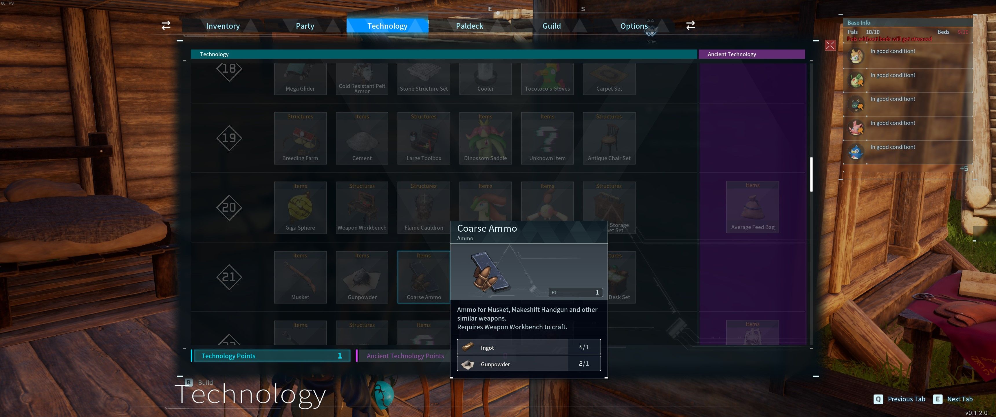 Palworld: A screenshot of the Technology menu wit the Coarse Ammo item highlighted, a recipe requiring Sulfur for Gunpowder