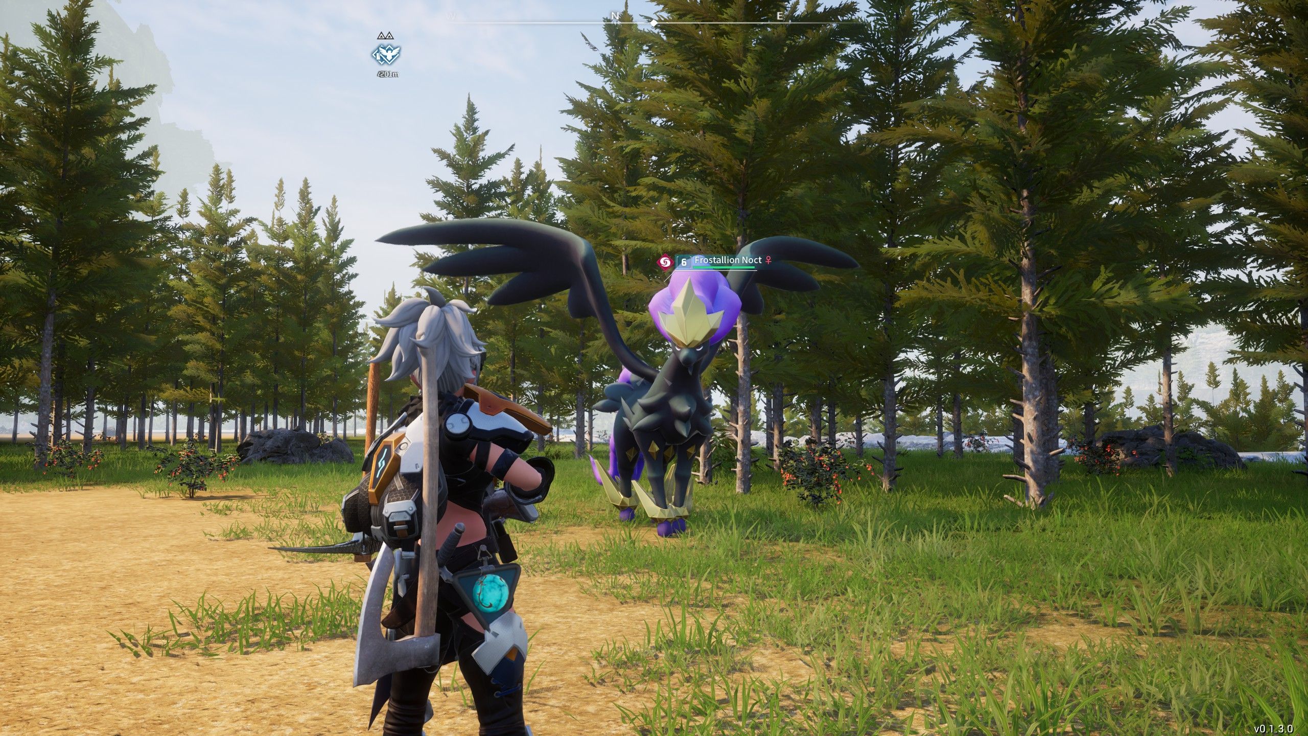 A character observing a recently hatched Frostallion Noct.
