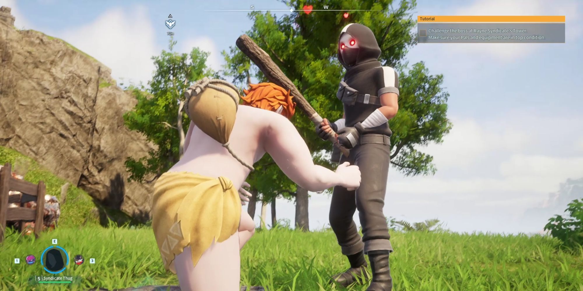 A human treating a captured thug like a Pal in Palworld.