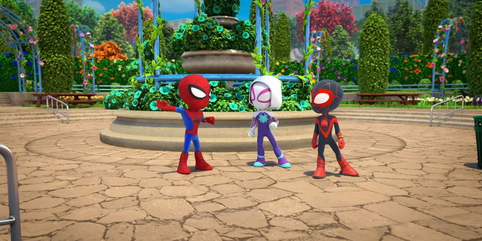 Peter Parker, Gwen Stacy and Miles Morales in Spidey and his Amazing Friends