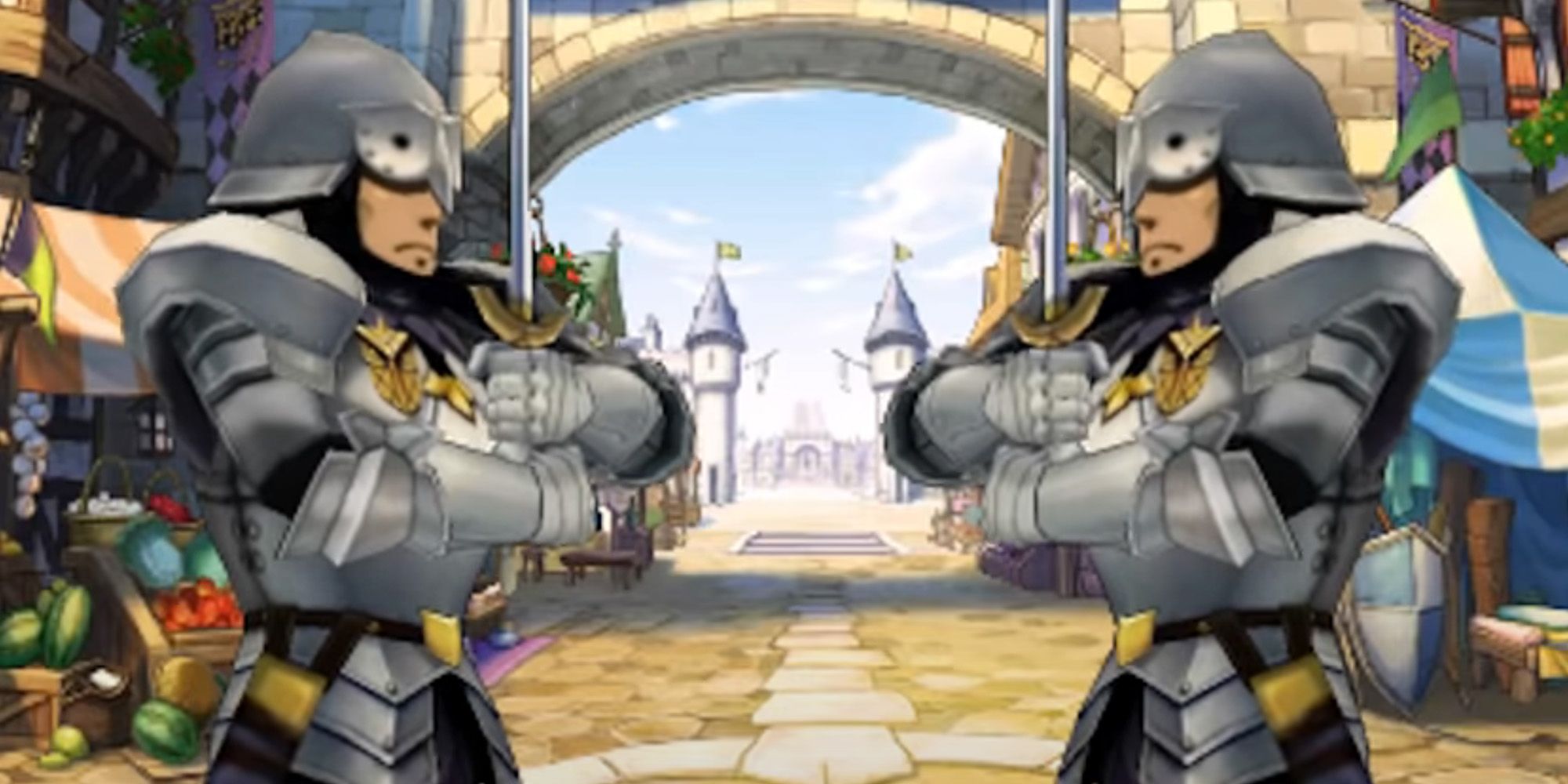 Two knights patrolling the streets of Labyrinthia in Professor Layton vs Phoenix Wright