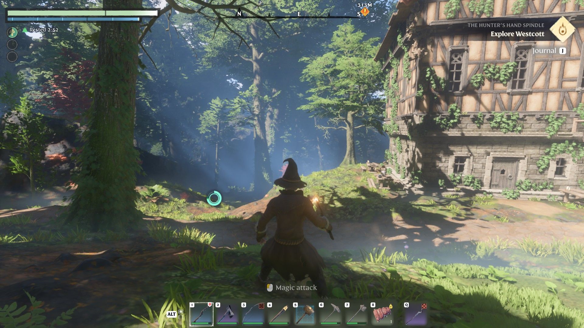 player looking towards hardwood trees and house in enshrouded