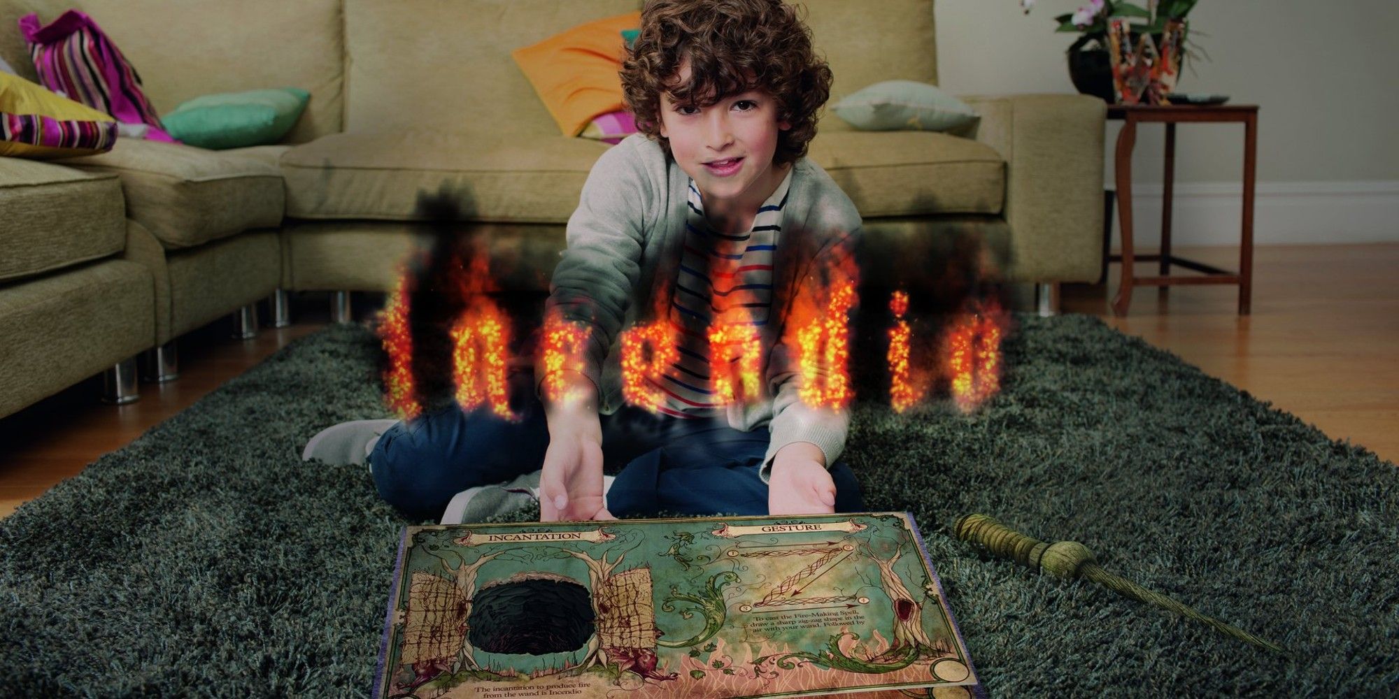 Child making the spell Incendio in a living room.