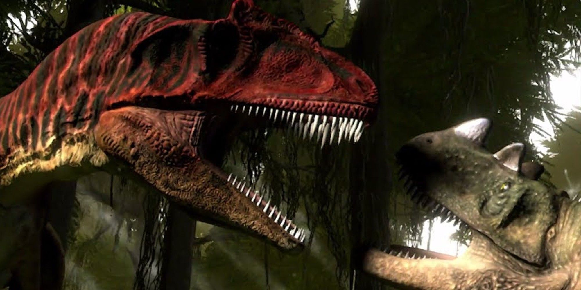Two carnivorous dinosaurs facing off with each other. 