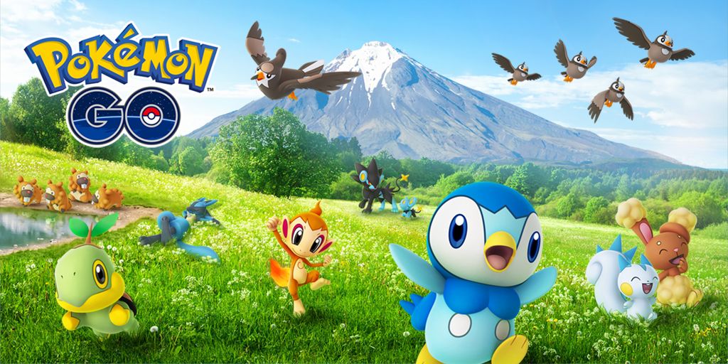 Several Pokemon in a field including Piplup, Chimchar, and Turtwig