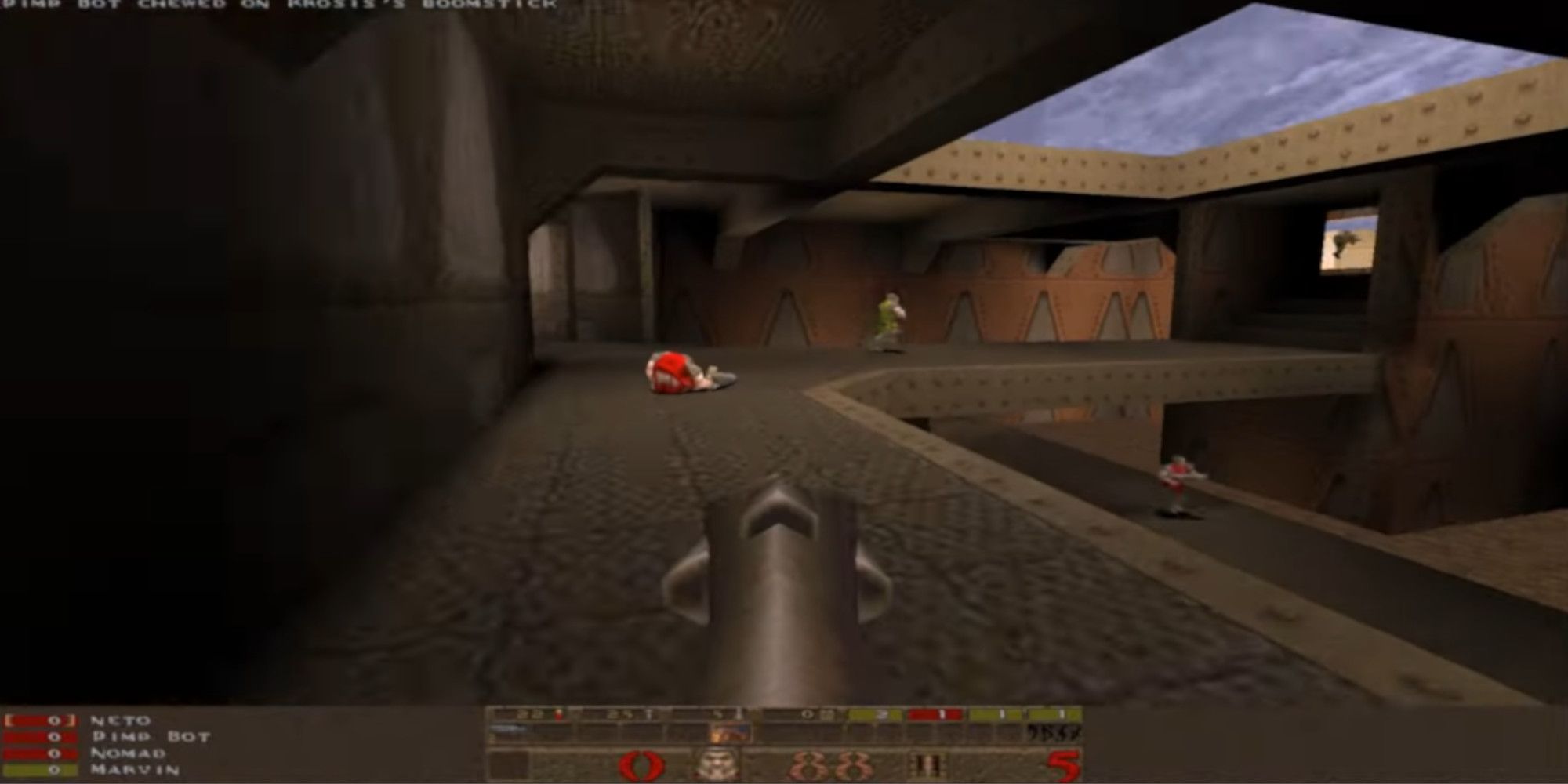 Chasing an enemy with a rocket launcher in Quake.
