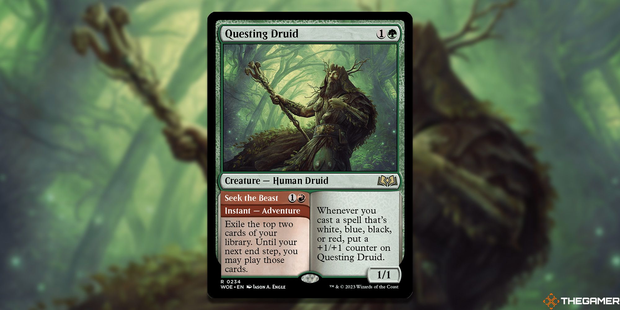 The Questing Druid card with art in background.