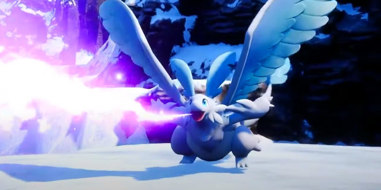 Palworld: Quivern shooting a purple energy blast in snowy area