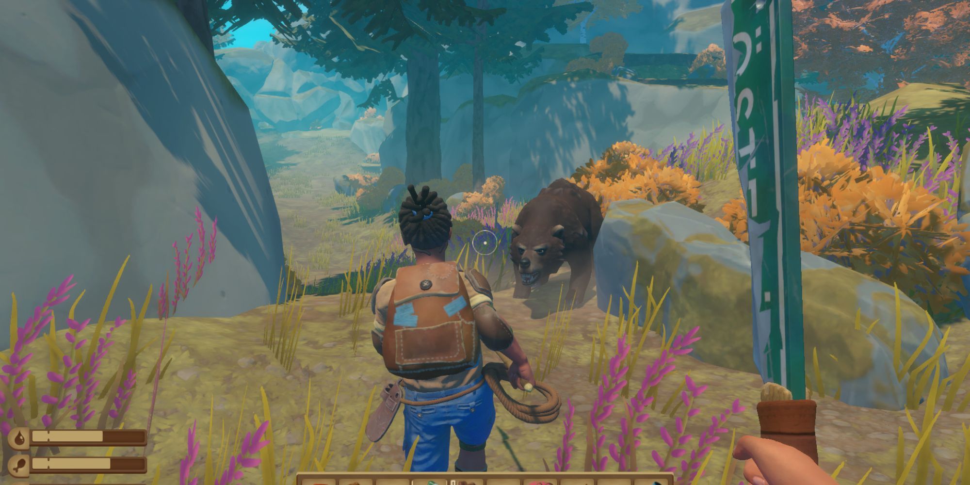 Two players armed with weapons encounter a brown bear on an island.