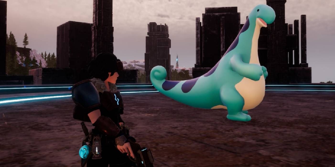 Palworld: Relaxaurus, a big blue bipedal creature with small eyes walking alongside its trainer holding a gun