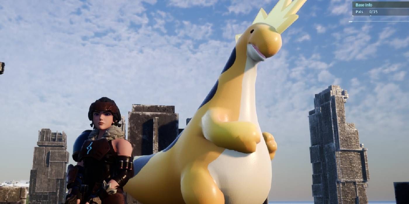 Palworld: Relaxaurus Lux, a gold yellow, large dragon looking at the camera alongside its trainer