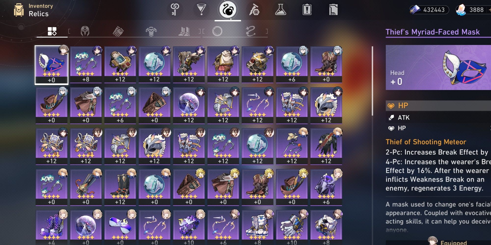 The Relics menu in the Bag, displaying many kinds of relics.