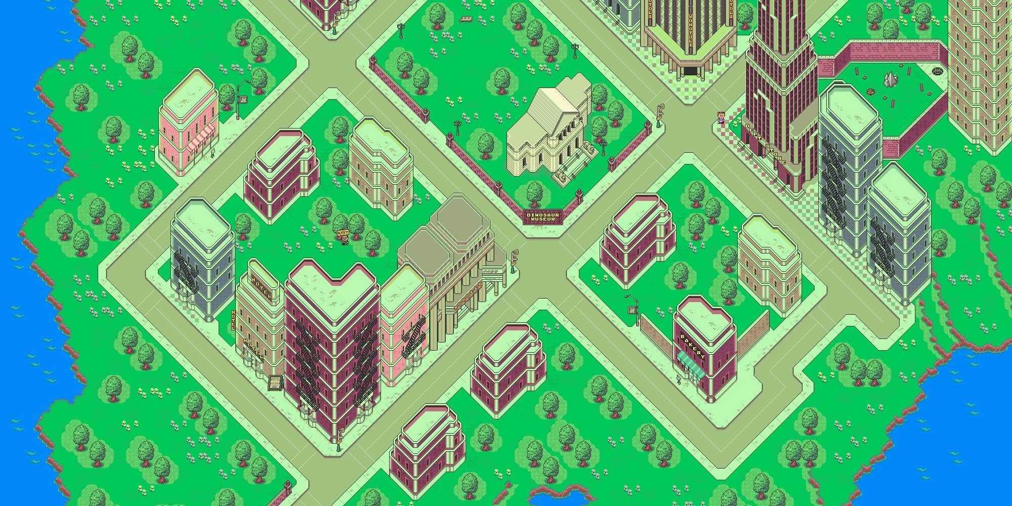 Wide shot of Fourside in Earthbound.
