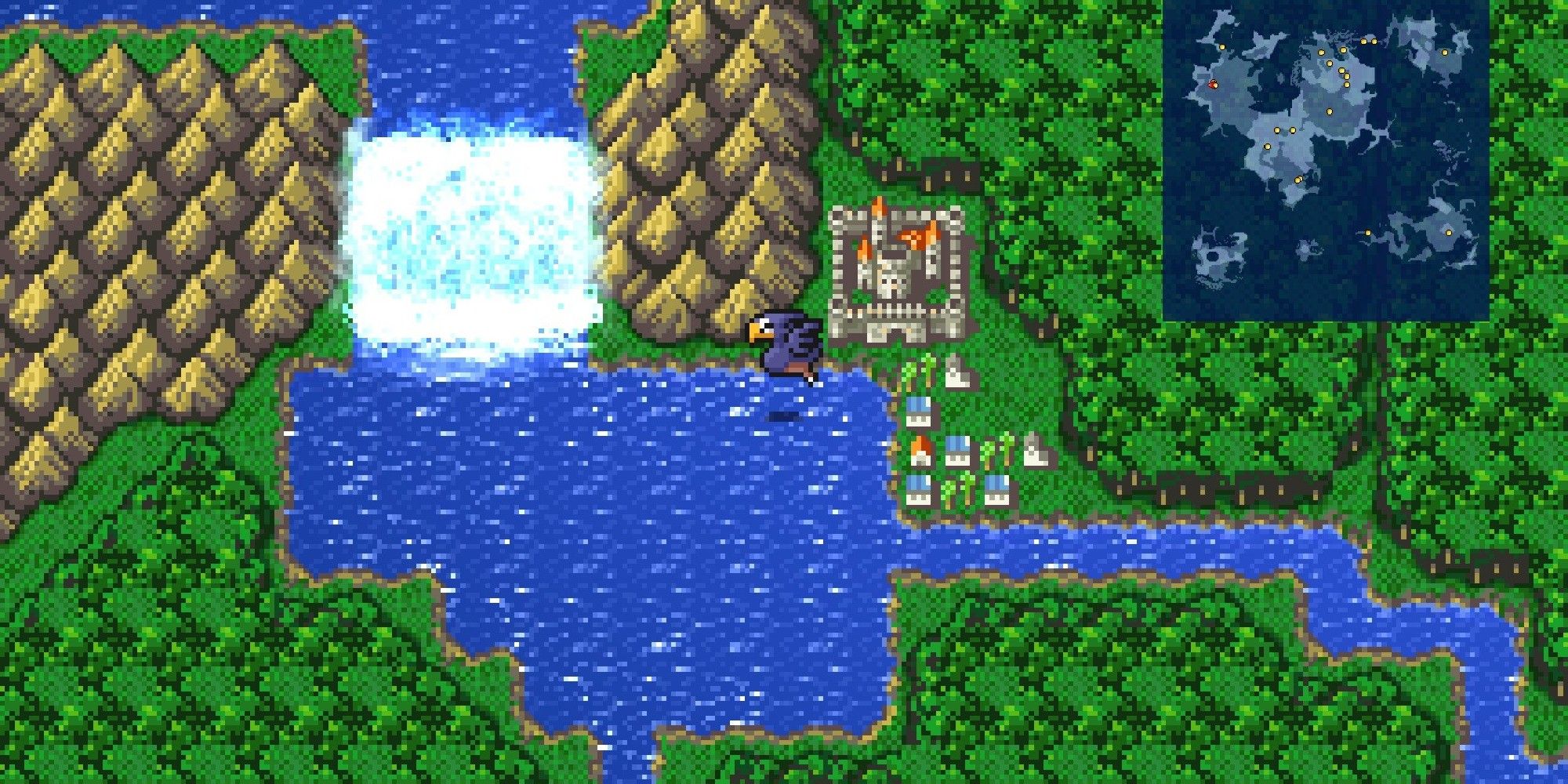 Chocobo flying next to a town in Final Fantasy 4.