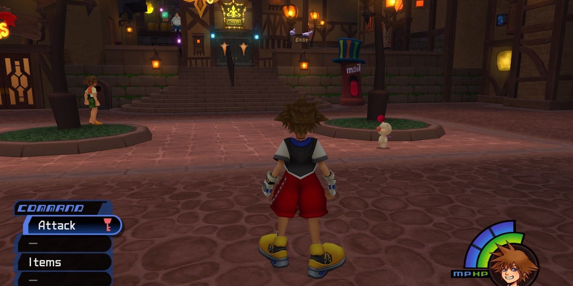 Sora standing in Traverse Town in Kingdom Hearts. 
