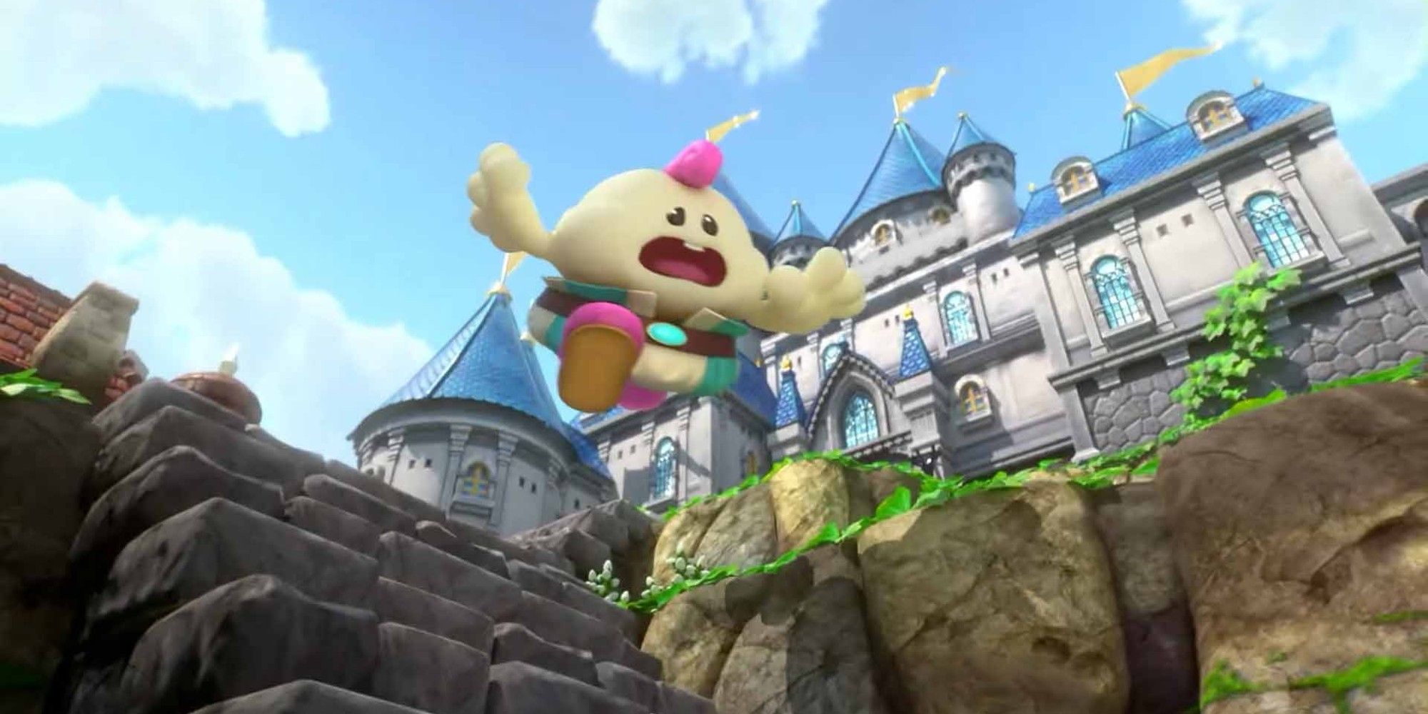 Mallow jumping down stairs in front of a castle.
