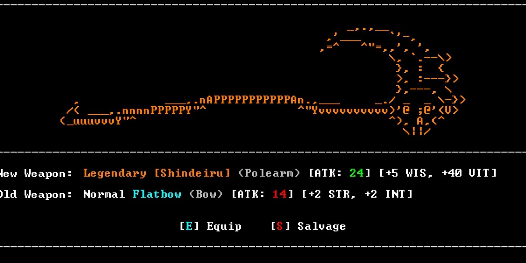 A player finding an orange scythe made from ASCII characters, with its stats shown just below.