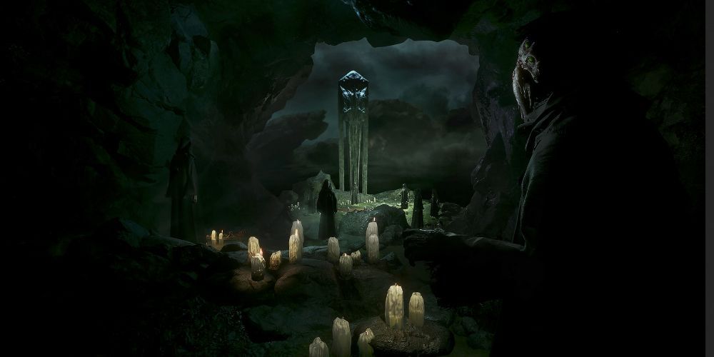 A cultist standing before a shrine to Cthulhu.