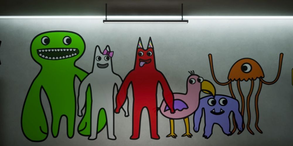 A painting ona  white wall of a group of mascots from Gaten of Banban.