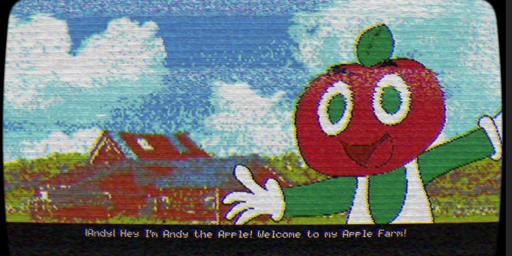 Andy greets the audience from Andy's Apple Farm on an old fashioned television with heavy static effects.