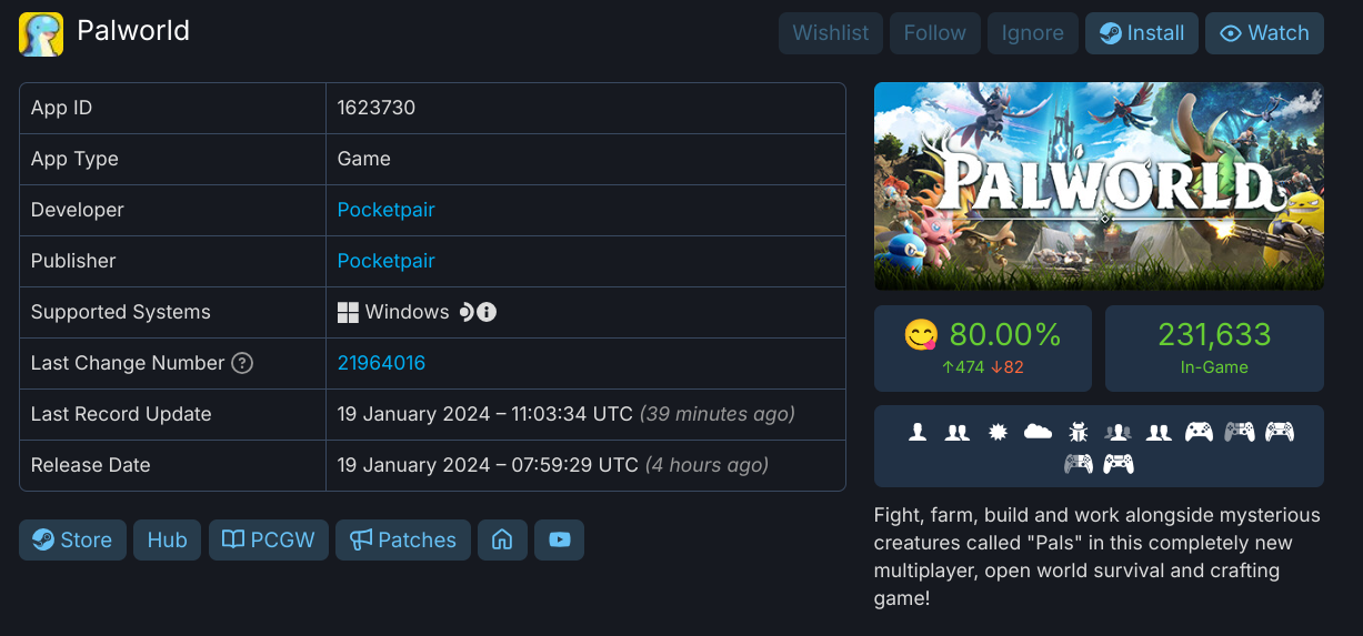 Palworld's player count on SteamDB.