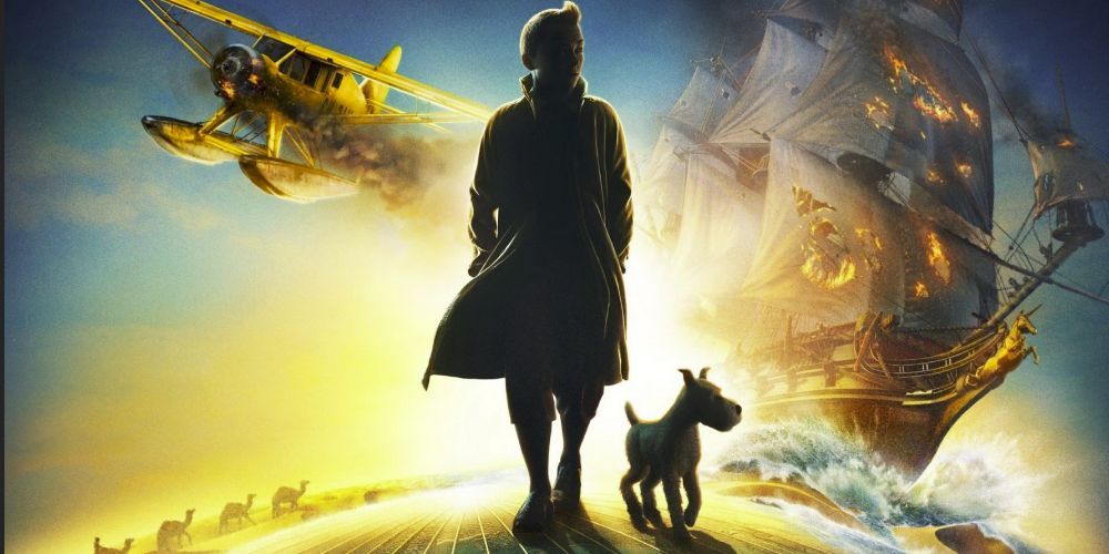 Tintin and his dog, Snowy, are silhouetted against a plane and ship wreck. 