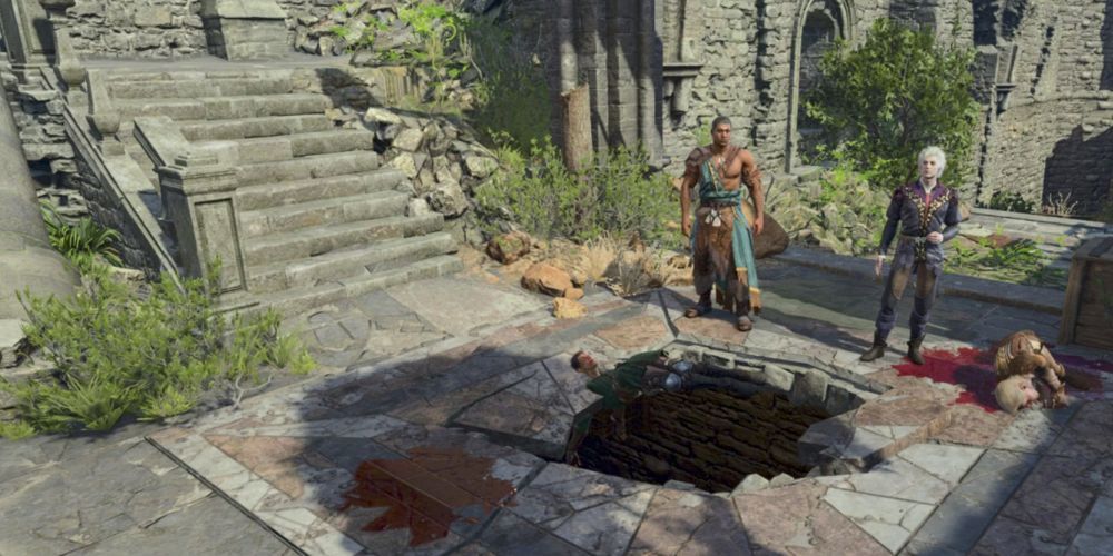 Tav and Astarion stand beside a hole in stone floor created by shooting down a rock. 