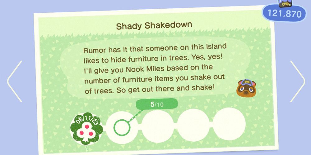 Shady Shakedown flashcard reads: "Rumor has it that someone on this island likes to hide furniture in trees. Yes, yes! I give you Nook Miles based on the number of furniture items you shake out of trees. So get out there and shake!"