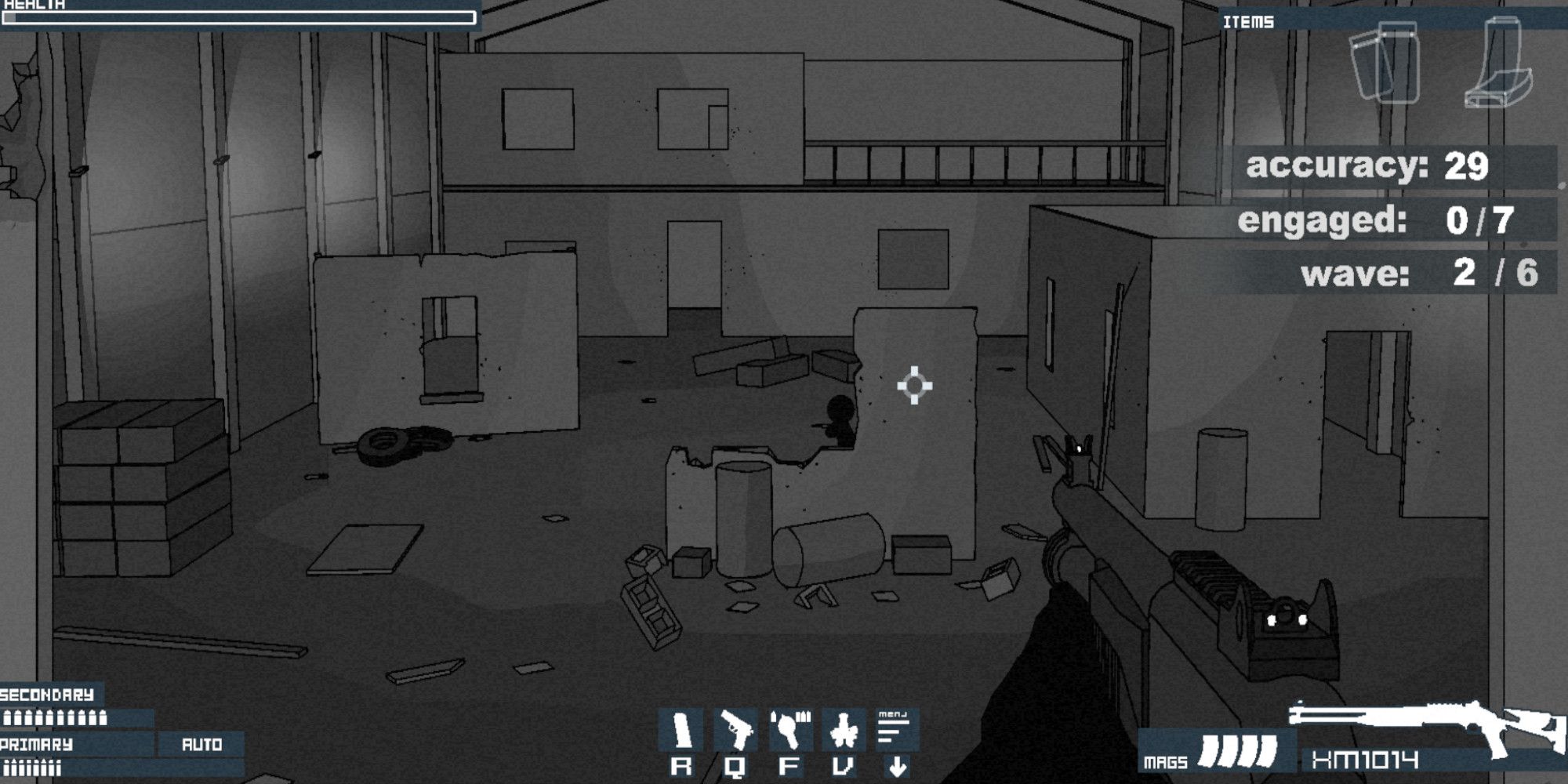 FIrst person shooter Sierra 7 taking aim at a stickman behind cover