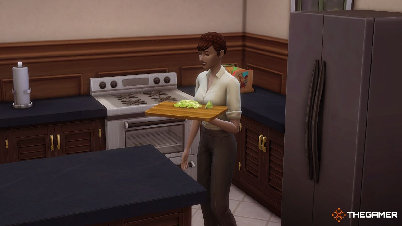 A female Sim cooks in their kitchen in the Zodiac Challenge