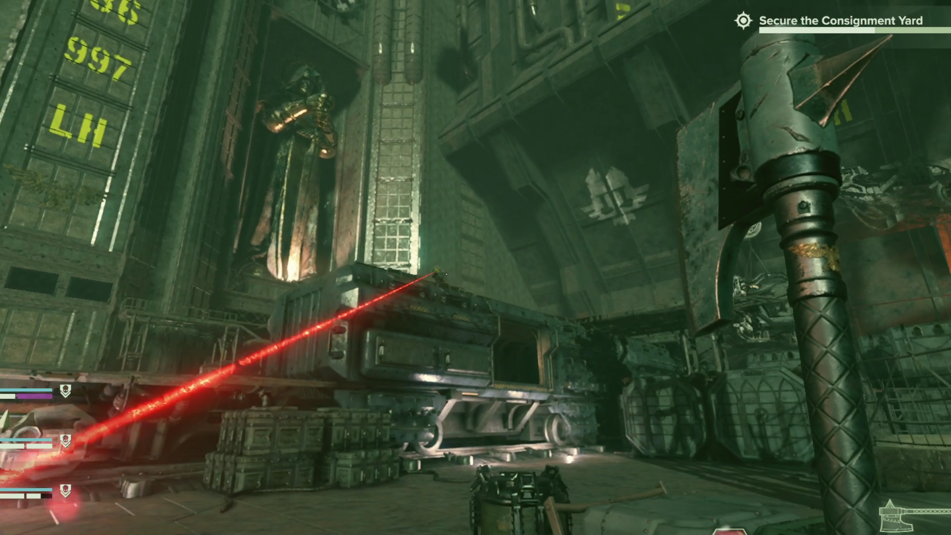 Warhammer 40,000: Darktide - A Distant Scab Sniper Taking Aim With Its Laser Sight