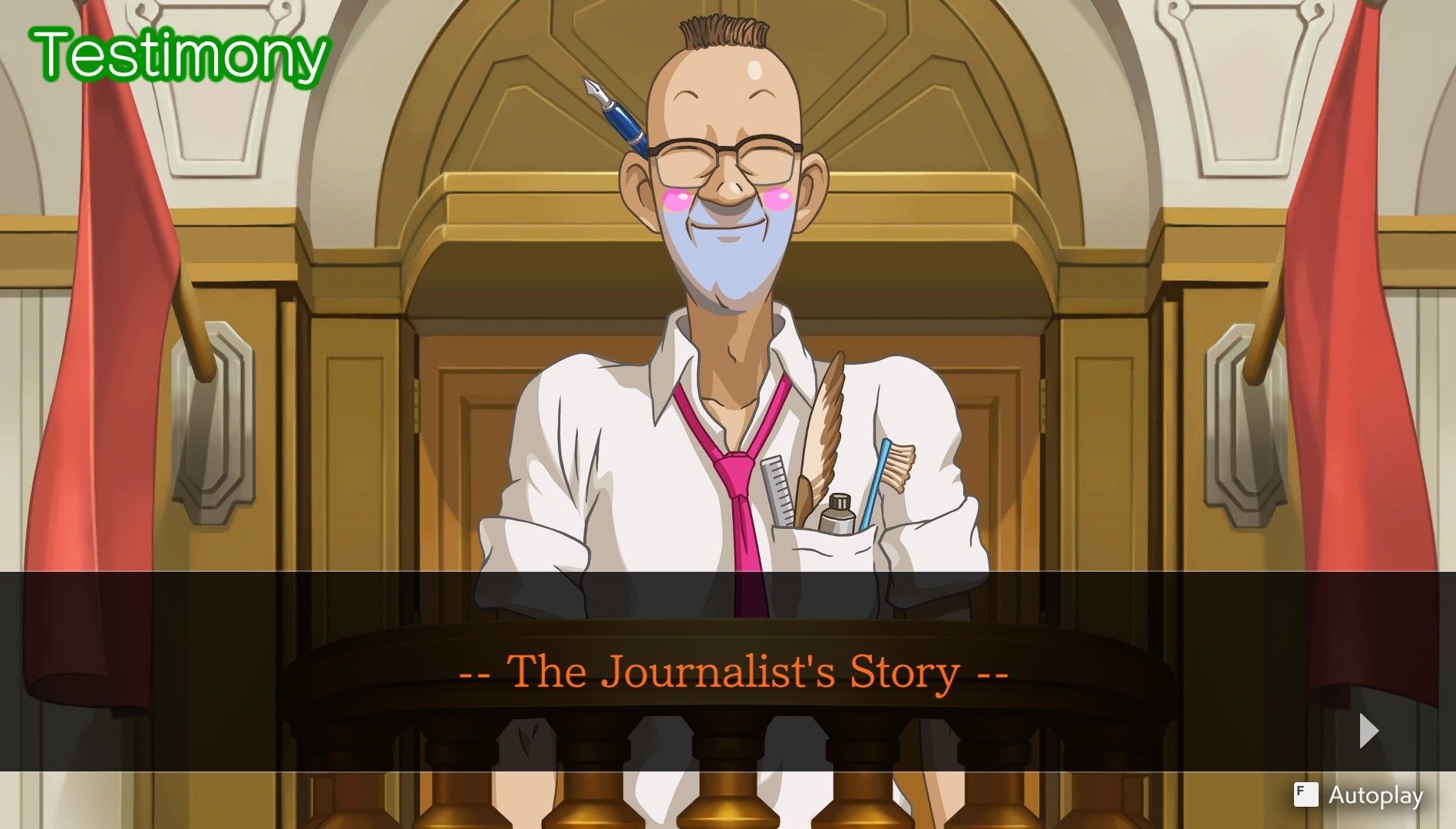 Spark Brushel in Apollo Justice testifying about his story