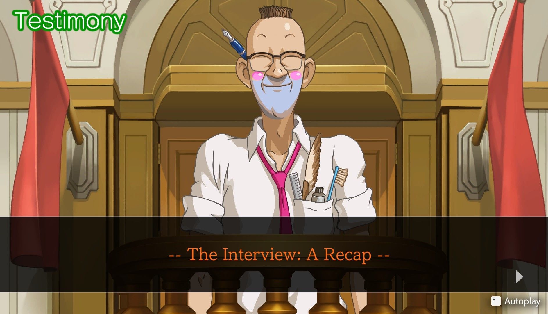 Spark Brushel in Apollo Justice testifying about the interview
