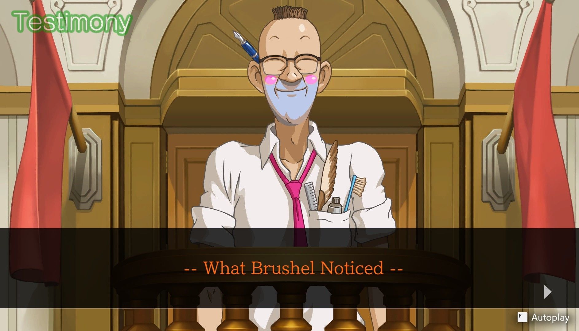 Spark Brushel in Apollo Justice testifying about what he noticed