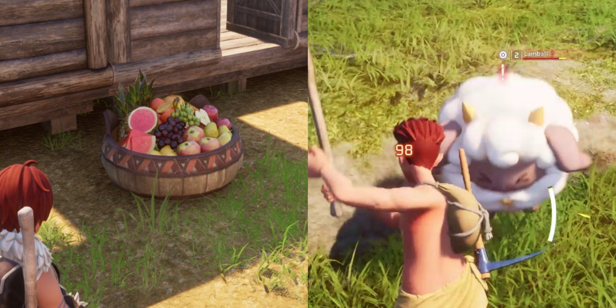 Split image of a Feed Box and fighting a Lamball
