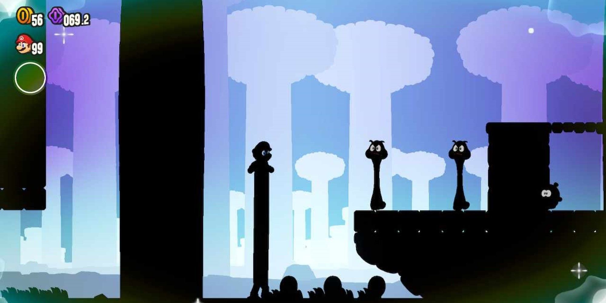 A screenshot from Sproings In The Twilight Forest from Super Mario Bros. Wonder