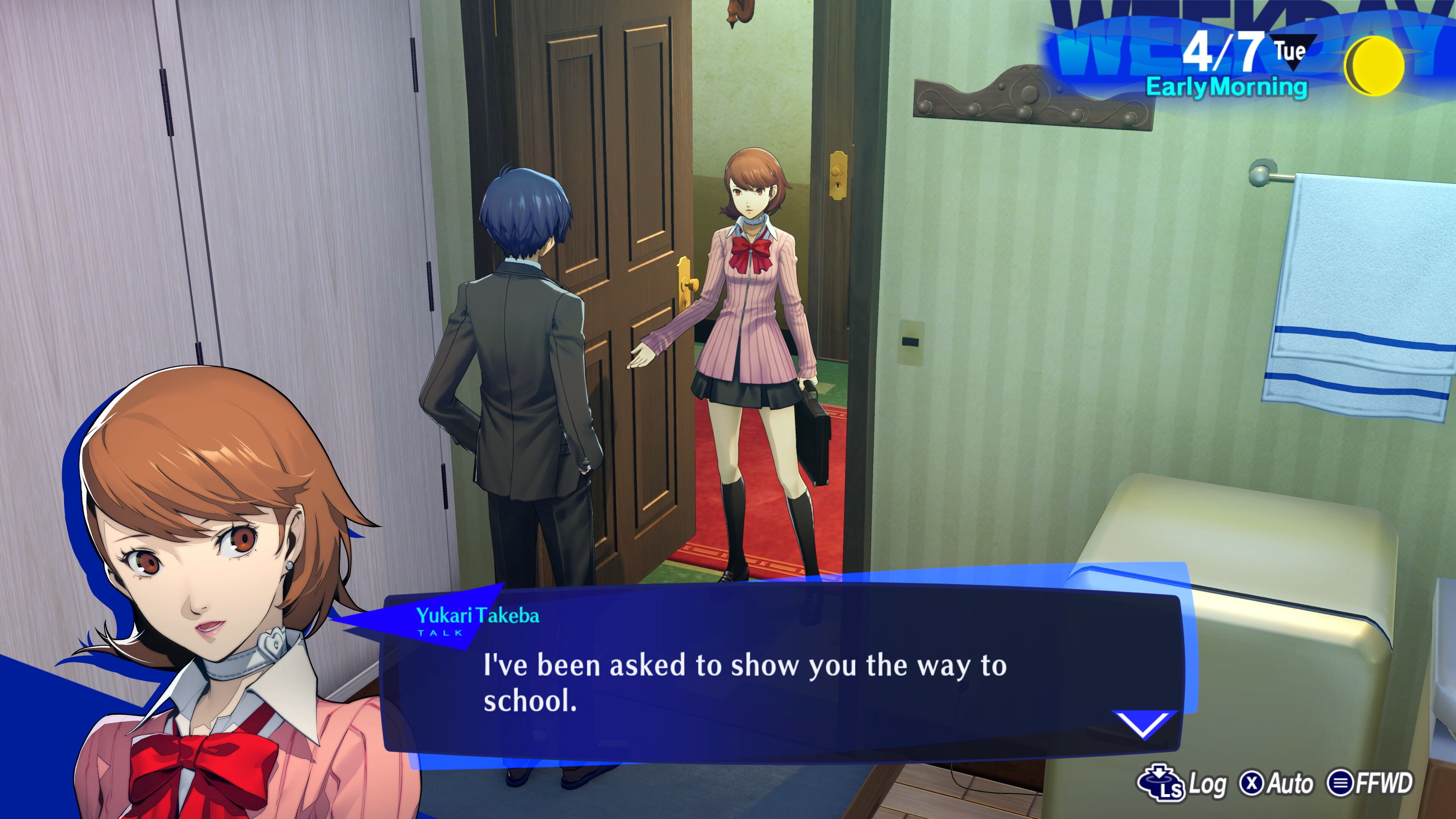The protagonist opening the door to Yukari, who says that will show him the way to school.