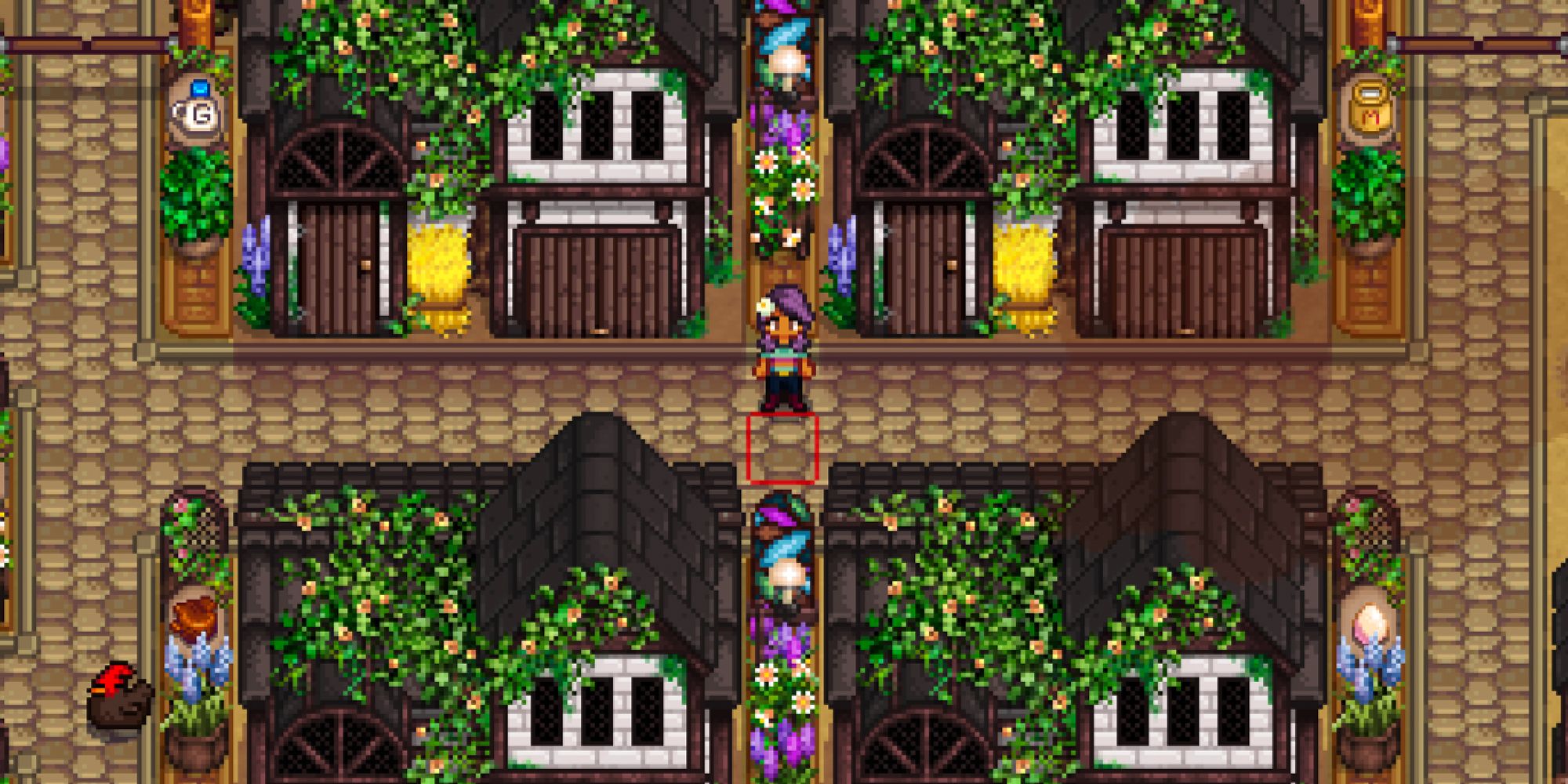 Stardew Valley farmer standing in the middle of four barns that have plants and flowers dividing them
