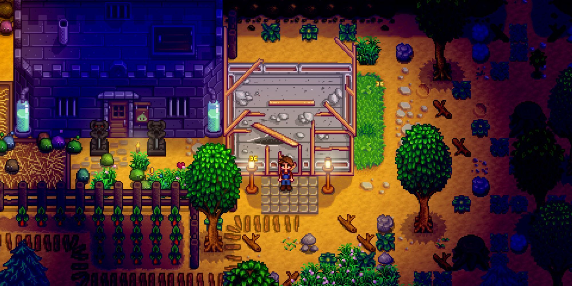 The protagonist standing by a house in Stardew Valley.