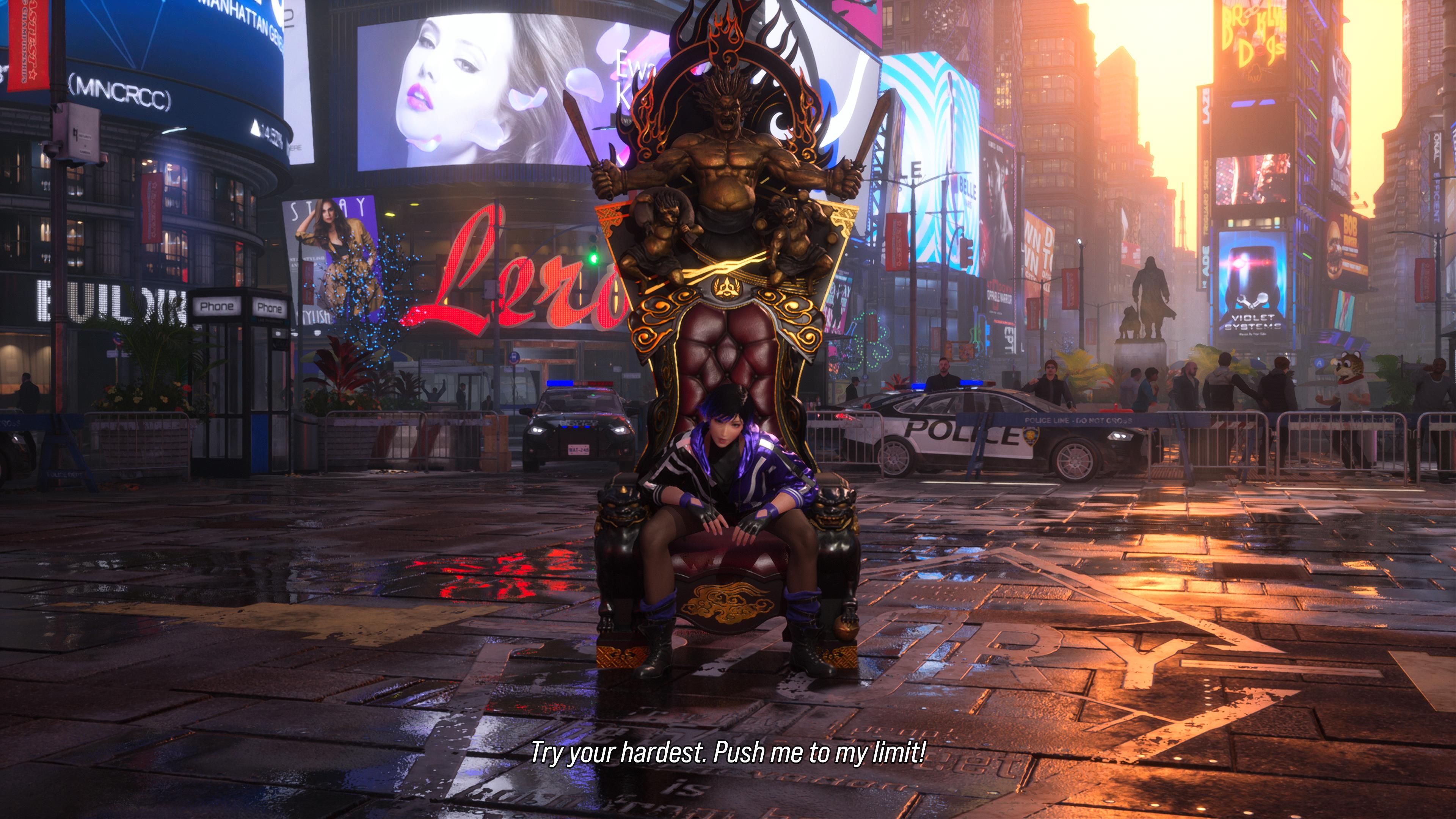 Reina standing on a throne in the middle of a street.