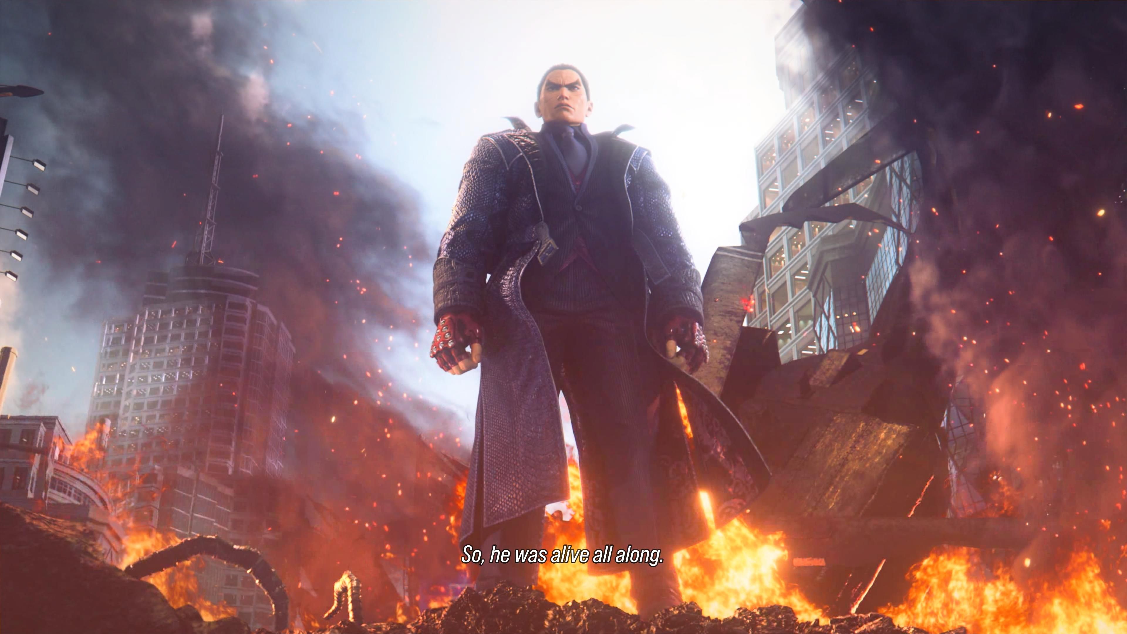 Kazuya Mishima standing like a bad ass in front of a crashed helicopter and fire around him.