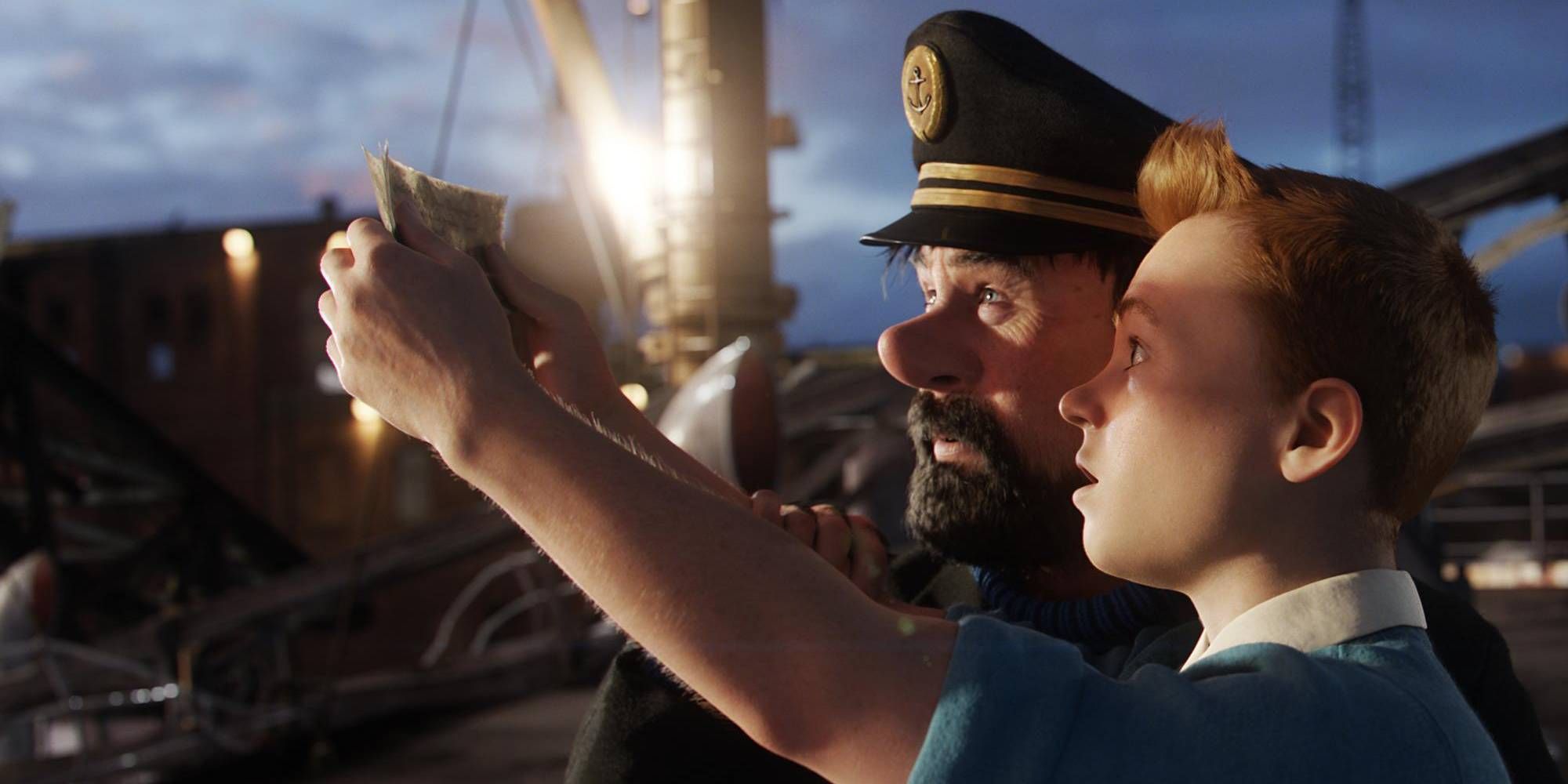 TinTin and Captain Haddock holding a piece of paper on a ship from Adventures Of TinTin