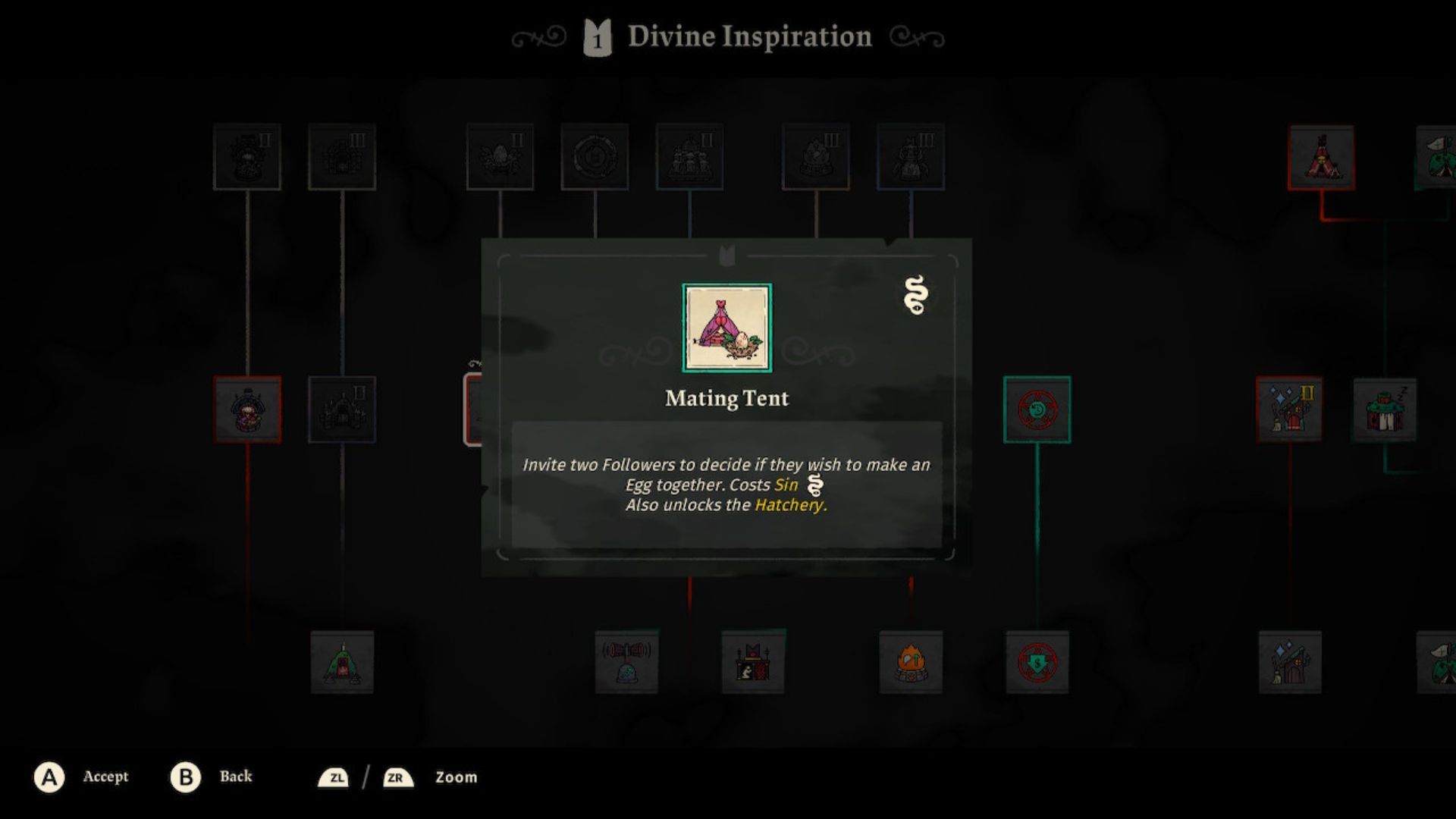 The Mating Tent as it appears in the Divine Inspiration tree in Cult of the Lamb.