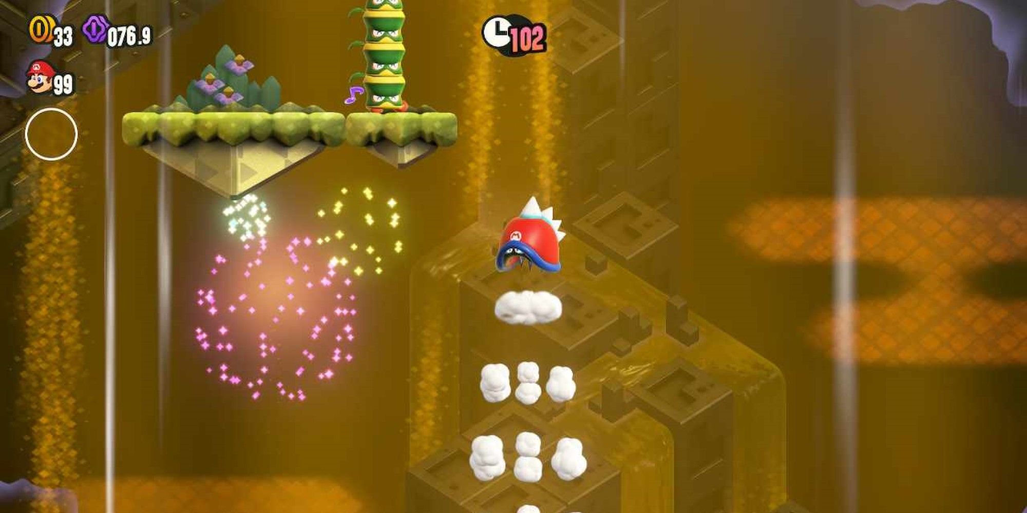 A screenshot of The Midway Trial: Hop To It from Super Mario Bros. Wonder