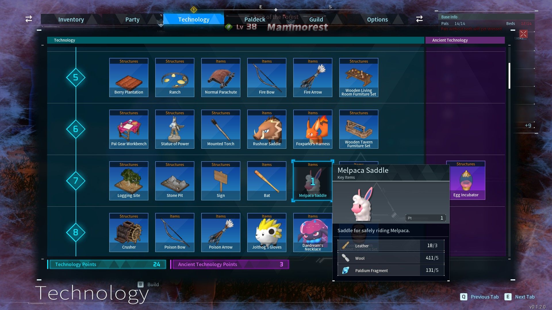 The technology menu in Palworld with the Melpaca Saddle highlighted
