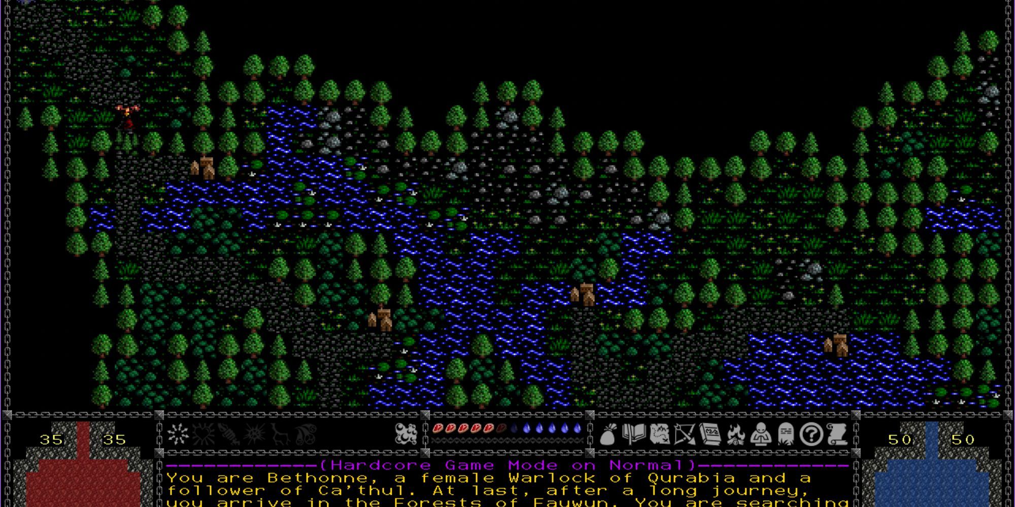 A detailed world made of extended ASCII assets, showing trees, water, stones, grass, and an RPG style GUI at the bottom of the screen.