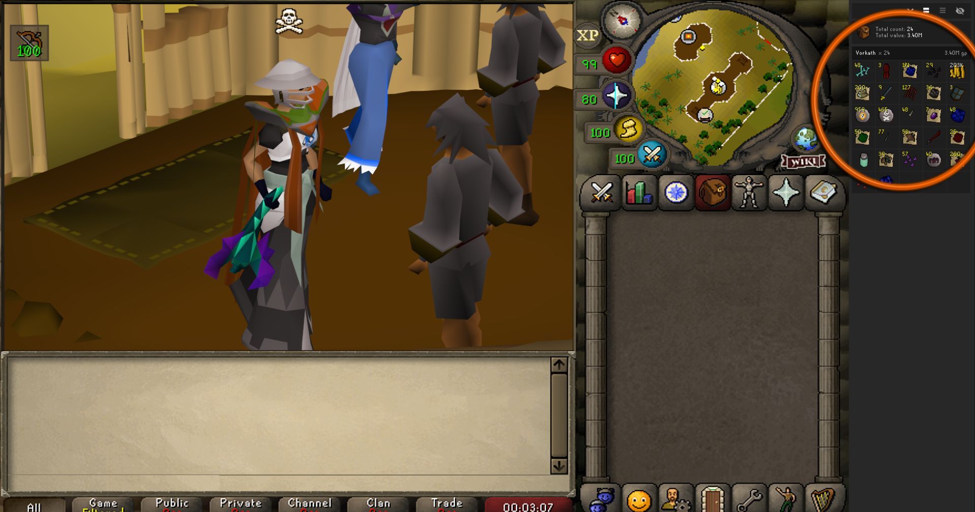 Osrs player standing in bank with Vorkath Loot Tracker circled within RuneLite client.