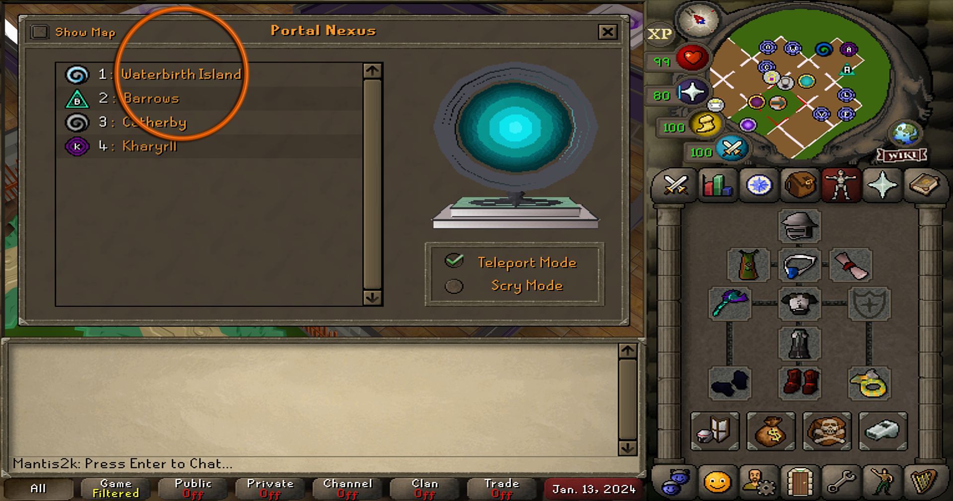 Waterbirth Teleport option circled in the POH Portal Nexus