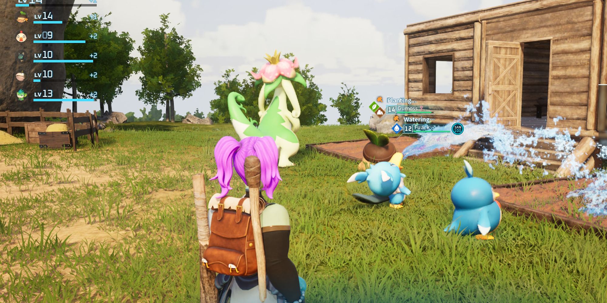 Two pals in Palworld watering a plantation patch