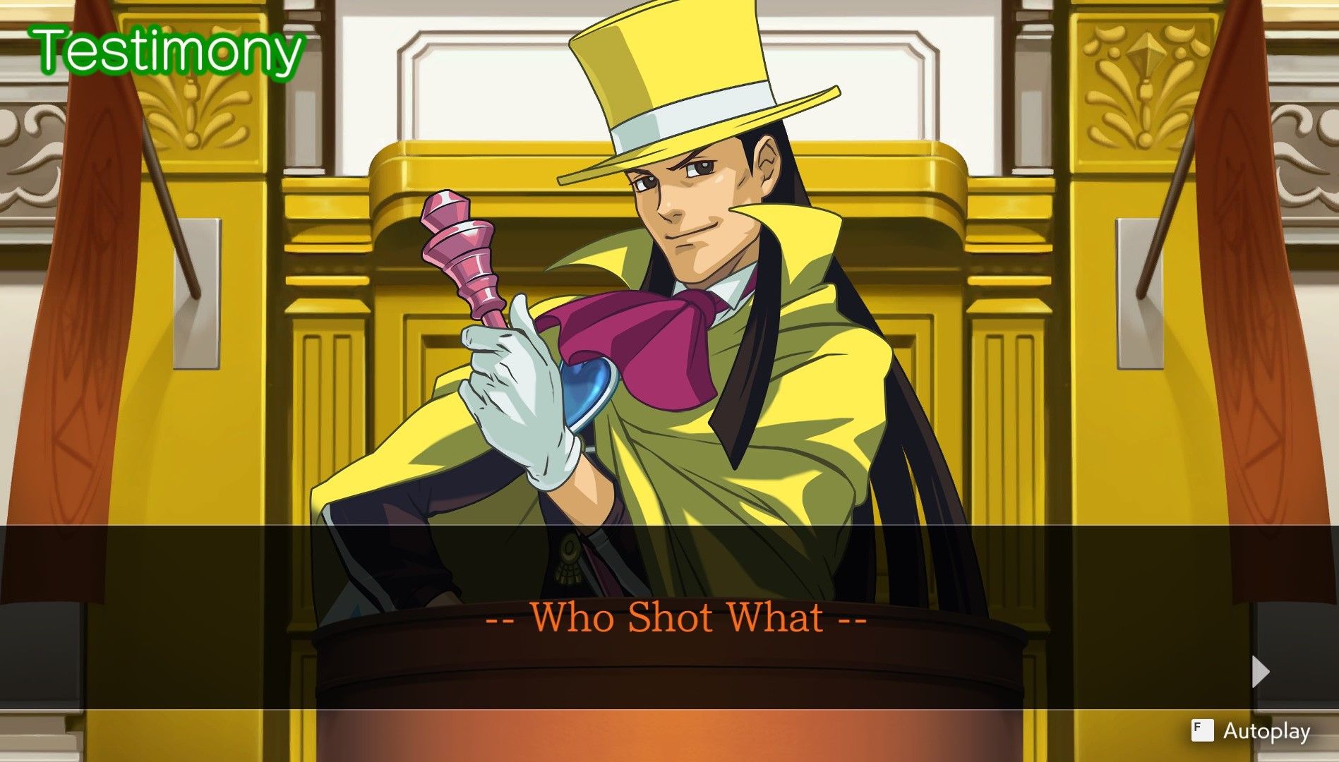 Valant in Apollo Justice testifying about who shot what